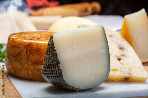 Variety of Italian pecorino cheeses, yellow aged, with black peppers from Nebrodi, white Il Palio and black molarotto, close up photo