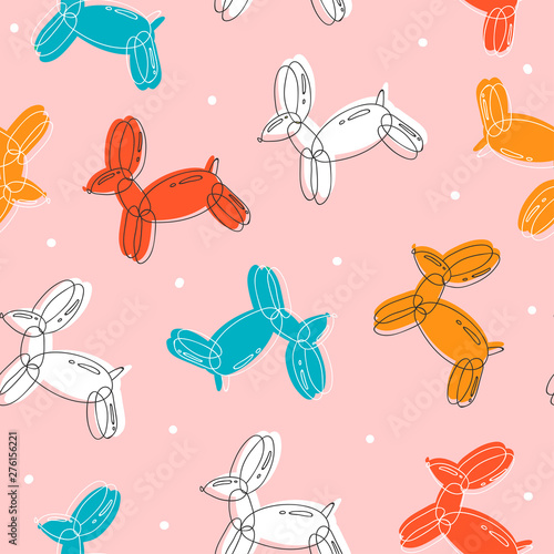 Doodle balloon dog or rabbit. Different colors. Hand drawn colorful vector seamless pattern. Trendy illustration. Flat design. Cartoon style