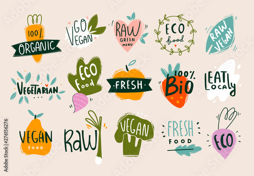 Fototapeta Naklejka Na Ścianę i Meble -  Vegan, fresh, bio, raw, eco, organic and healthy logos and icons, labels, tags, badges. Hand drawn vector set of fruits and vegetables. Colored trendy illustration. Flat design. Everything is isolated