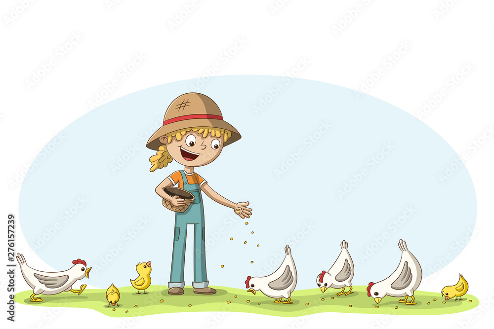 Fototapeta premium Little girl feeds some chickens and chicks. Cartoon character illustration.