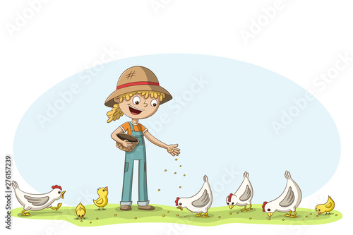 Little girl feeds some chickens and chicks. Cartoon character illustration.
