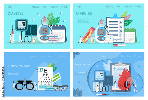 Health concept of hypotension and hypertension disease. Ophthalmologist eyesight check up, diabetes mellitus, type 2 diabetes and insulin production concept vector for landing page, flyer, web.