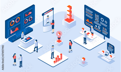 Forex trading horizontal banner. composition of trade stall in expo center with clients, stuff looking at stand with graphs. 3D isometric vector for landing page, flyer, app.