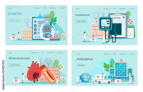 Health concept of hypotension and hypertension disease. Diabetes mellitus, type 2 diabetes and insulin production concept vector.  High Cholesterol Blood Pressure and Atherosclerosis Tiny People.