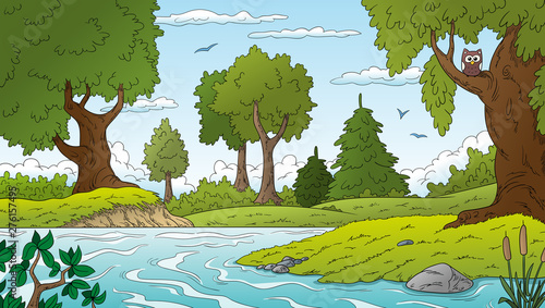 Cartoon summer landscape with trees, meadow and an owl