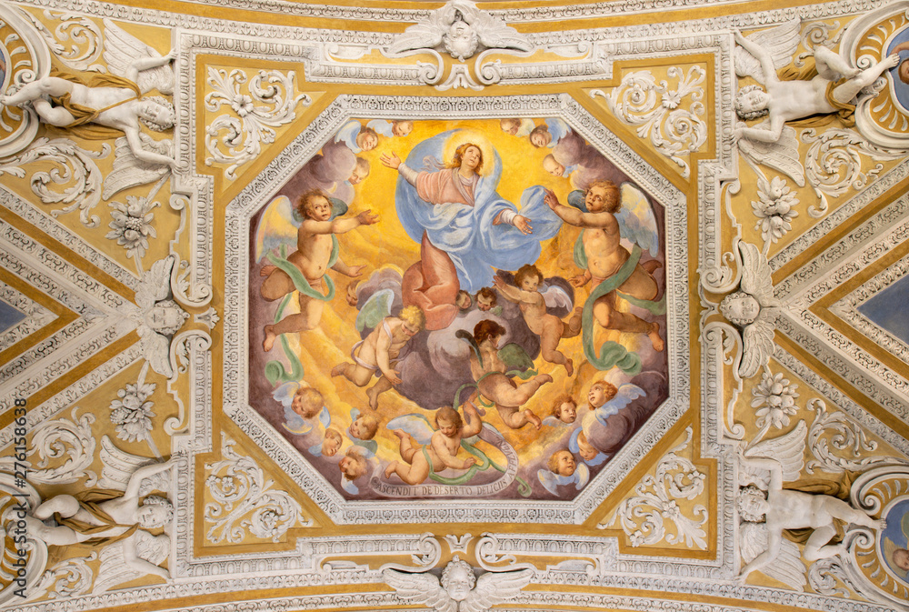 OSSUCCIO, ITALY - MAY 8, 2015: The baroque fresco of Assumption of Virgin Mary in church Sacro Monte della Beata Vergine del Soccorso by Salvatore Pozzi di Puria  (1595 â€“ 1681).