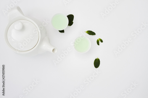 Top view teapot with cups