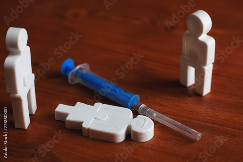 illustration of drug addiction of people, plastic people with a syringe