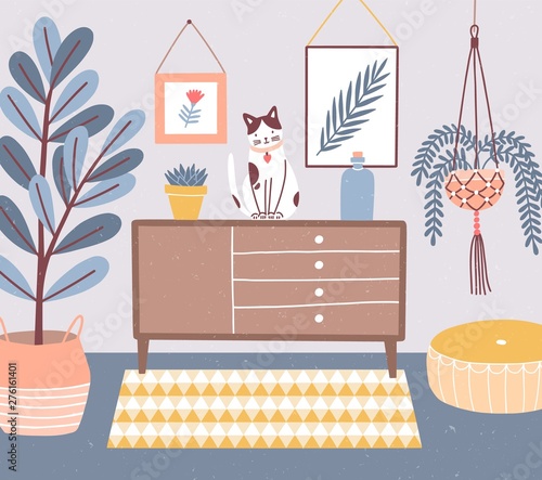 Room interior with cat sitting on chest of drawers or cupboard, houseplants in pots, ottoman, wall pictures. Apartment with furniture and home decorations in hygge style. Flat vector illustration.