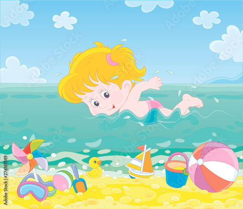 Little girl swimming in blue water on a sea beach on a sunny summer day, vector illustration in a cartoon style