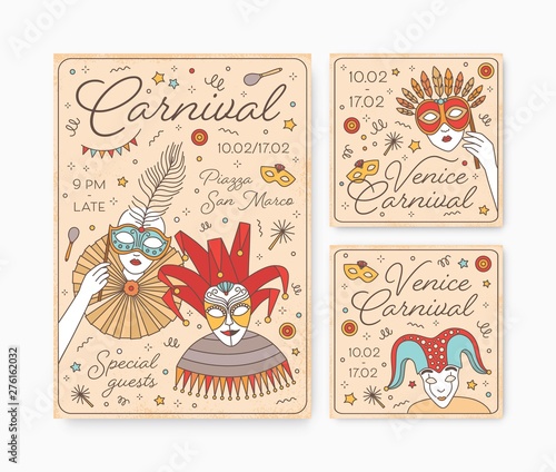 Collection of decorative card, party invitation, flyer or poster templates with Venetian masks for carnival, Mardi Gras celebration or masquerade ball. Modern vector illustration in line art style.