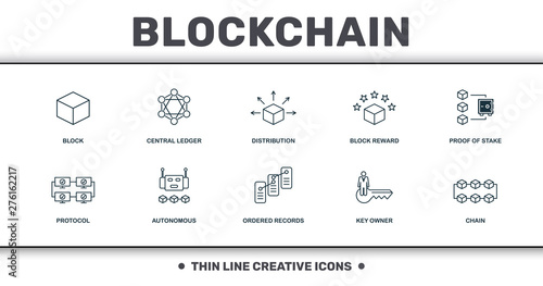 Blockchain set icons collection. Includes simple elements such as Block, Central Ledger, Distribution, Block Reward, Proof Of Stake, Autonomous and Ordered Records premium icons