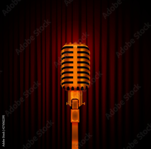 Stage curtains with shining microphone vector illustration. Standup comedy show concept