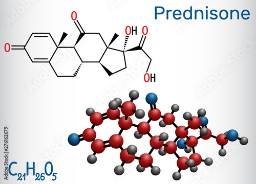 Prednisone molecule. A synthetic anti-inflammatory glucocorticoid derived from cortisone. Structural chemical formula and molecule model