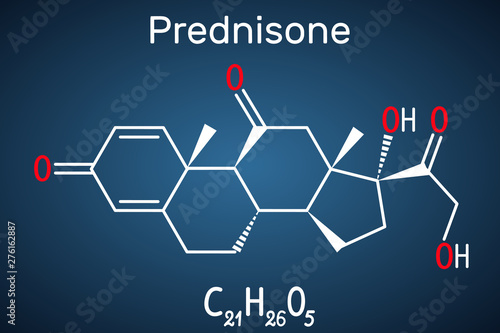 Prednisone molecule. A synthetic anti-inflammatory glucocorticoid derived from cortisone. Structural chemical formula on the dark blue background