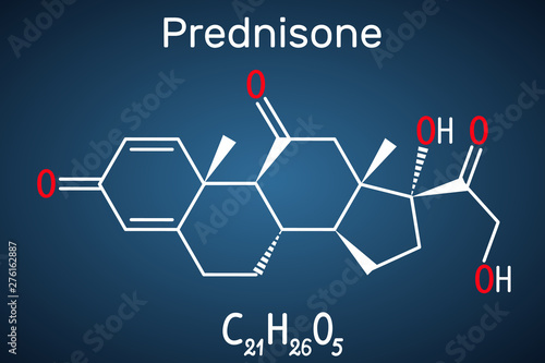 Prednisone molecule. A synthetic anti-inflammatory glucocorticoid derived from cortisone. Structural chemical formula on the dark blue background