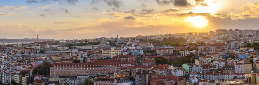 Lisbon Portugal aerial view sunset panorama city skyline at Lisbon Baixa district