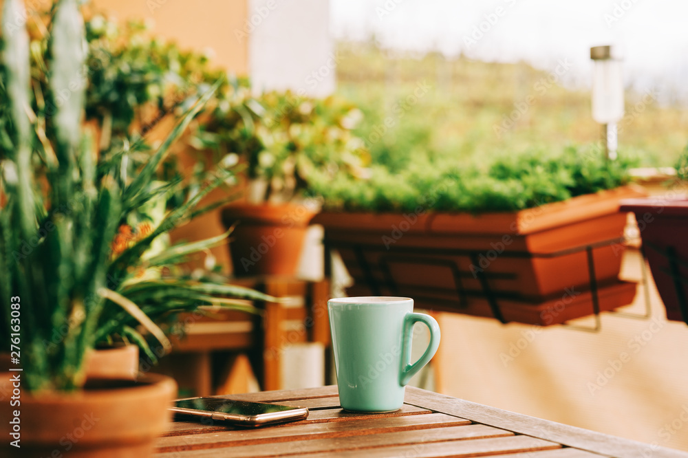 Cozy summer balcony with many potted plants, cup of tea and smartphone lying on wooden table Cozy summer balcony with many potted plants, cup of tea and smartphone lying on wooden table