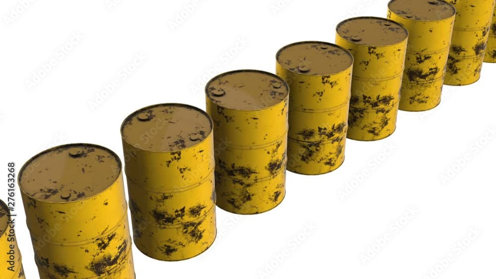 Old rust metal barrel oil row. 3d render Video available in 4k FullHD and HD render footage Old rust metal barrel oil row. 3d render Video available in 4k FullHD and HD render footage