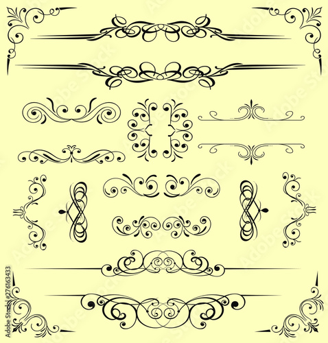 Gold Rule Lines and Ornaments - Set of vector text dividers and frame in gold. Each element is grouped for easy editing. Colors are a few global swatches; elements can be recolored easily.