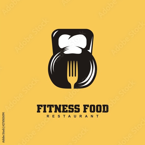 Fitness food restaurant logo design concept with kettle bell  and chef hat and fork shape in negative space. Healthy food symbol design for sport and gym recreation. Vector icon or emblem idea.
