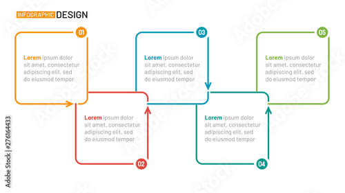 Business process infographic thin line square element with number process and arrow. Timeline with 5 options, steps. Vector illustration.