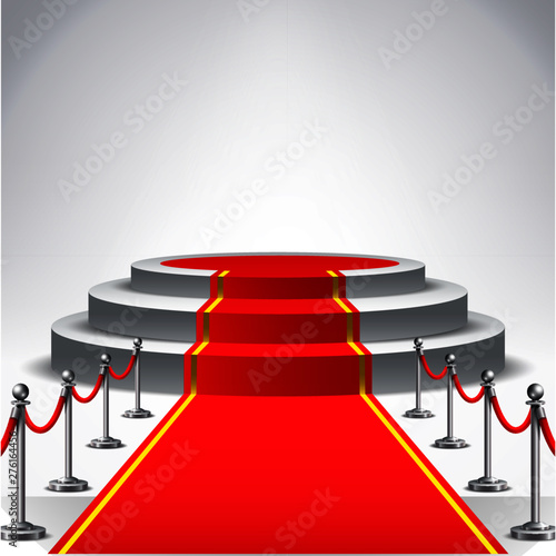Round stage podium illuminated with light. Stage vector backdrop. Festive podium scene with red carpet for award ceremony. Vector illustration