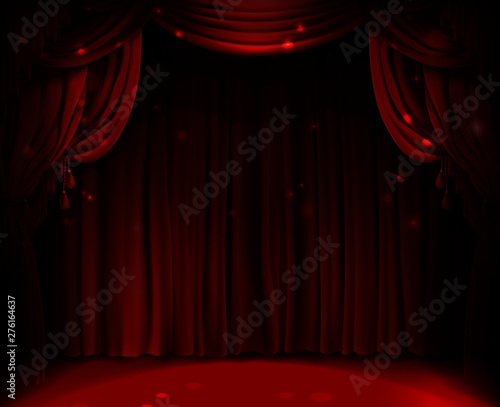Red stage curtain realistic vector illustration for theater or opera scene backdrop, concert grand opening or cinema premiere. Red curtains or portiere drapes for ceremony performance design template