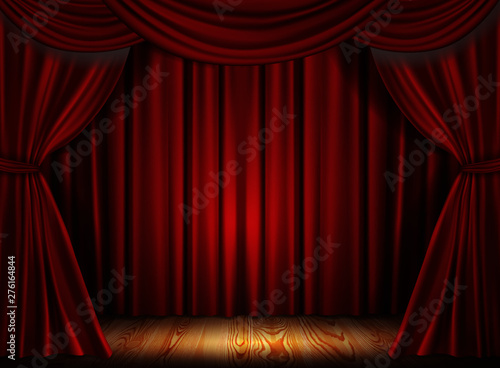 Red stage curtain realistic vector illustration for theater or opera scene backdrop, concert grand opening or cinema premiere. Red curtains or portiere drapes for ceremony performance design template