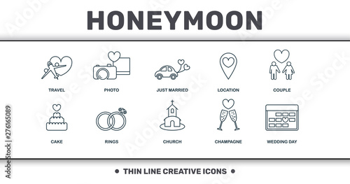 Honeymoon icons thin line set collection. Includes creative elements such as Travel, Photo, Just Married, Location, Couple, Euphile Tower and Church premium icons