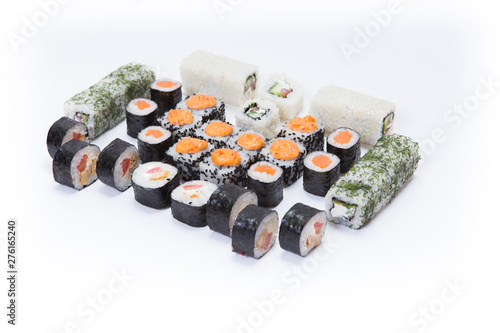 Japanese food restaurant, sushi maki gunkan roll plate or platter set. California Sushi rolls with salmon. Sushi isolated at white background. Top view, flat lay. photo