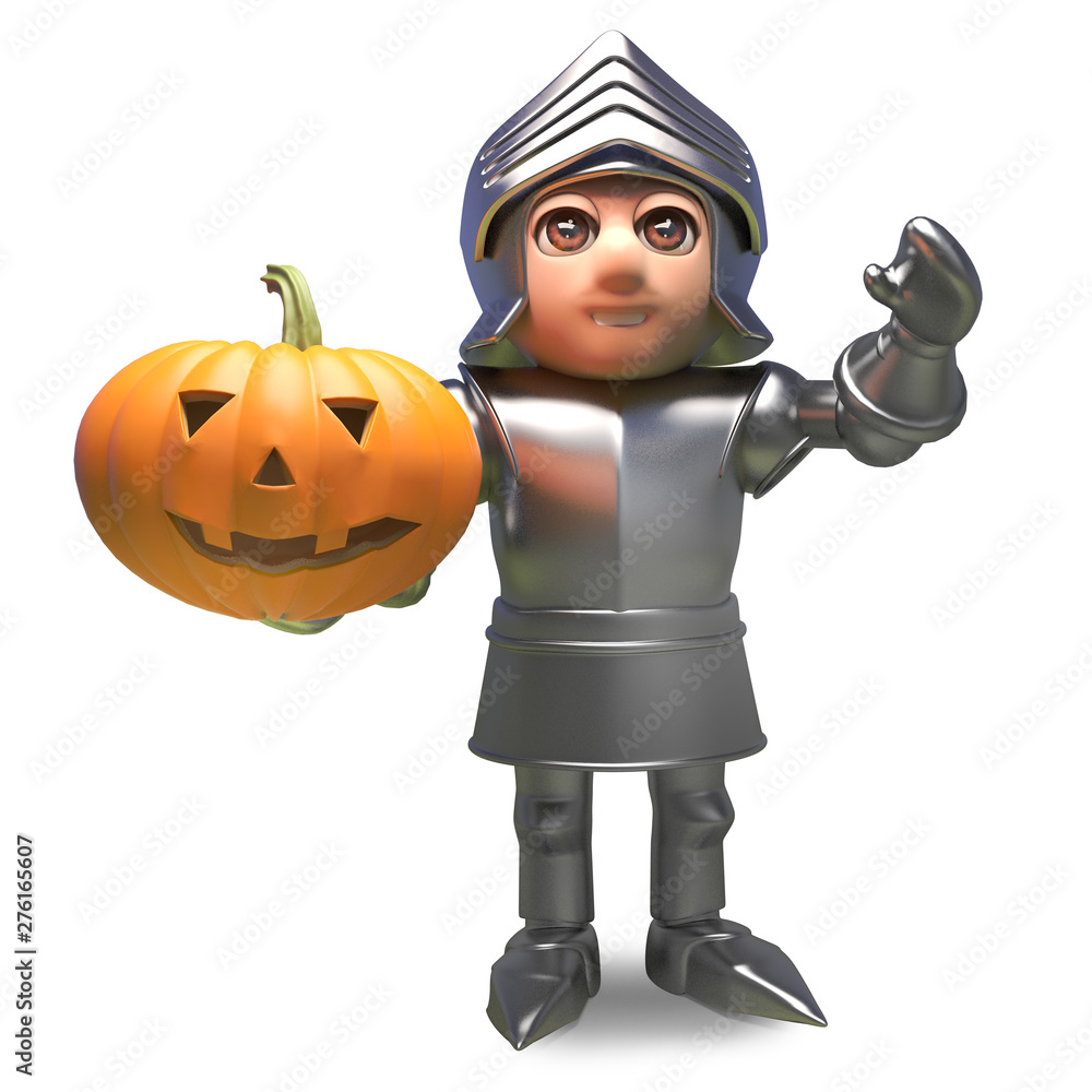 Heroic medieval knight in armour holding a Halloween pumpkin, 3d illustration Heroic medieval knight in armour holding a Halloween pumpkin, 3d illustration