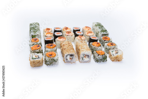 Japanese food restaurant, sushi maki gunkan roll plate or platter set. California Sushi rolls with salmon. Sushi isolated at white background. Top view, flat lay. photo