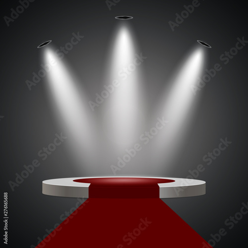 Round stage podium illuminated with light. Stage vector backdrop. Festive podium scene for award ceremony. 