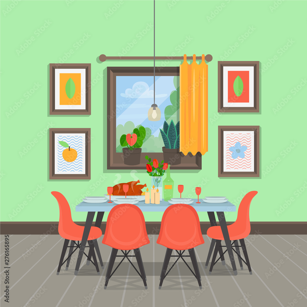 Modern cozy dining room interior with table with chairs, paintings, window,  indoor plants. Vector illustration flat cartoon style. Stock Vector | Adobe  Stock