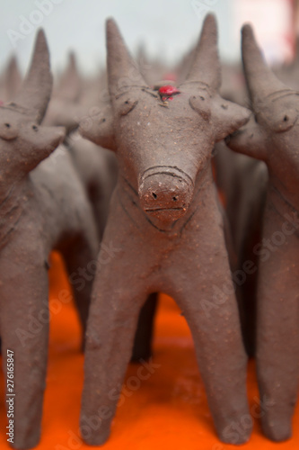 Bullocks made with mud clay, made during the festival at the start of the Monsoon in North Karnataka. photo