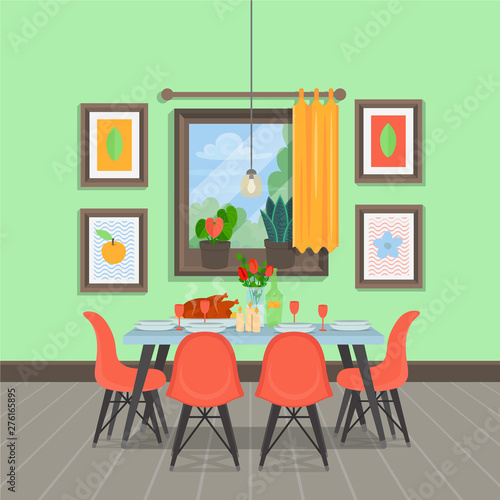 Modern cozy dining room interior with  table with chairs  paintings  window  indoor plants. Vector illustration flat cartoon style.