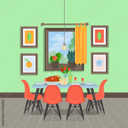 Modern cozy dining room interior with  table with chairs, paintings, window, indoor plants. Vector illustration flat cartoon style.