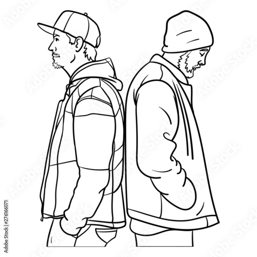 Vector comic outline drawing in black and white of two young men standing back to back and looking to the side. hip hop, outline, rapper, cool, cap.