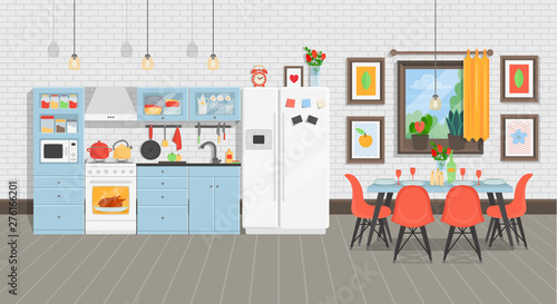 Modern cozy kitchen interior with table, fridge,  kitchen stove, cupboard dishes. Vector illustration flat cartoon style.