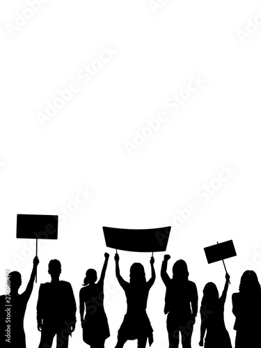 A vector illustration of protesting crowd. The image consists of isolated shapes.