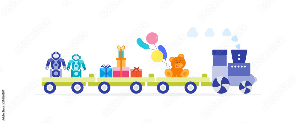 Train carries toys. Gifts for holidays to children
