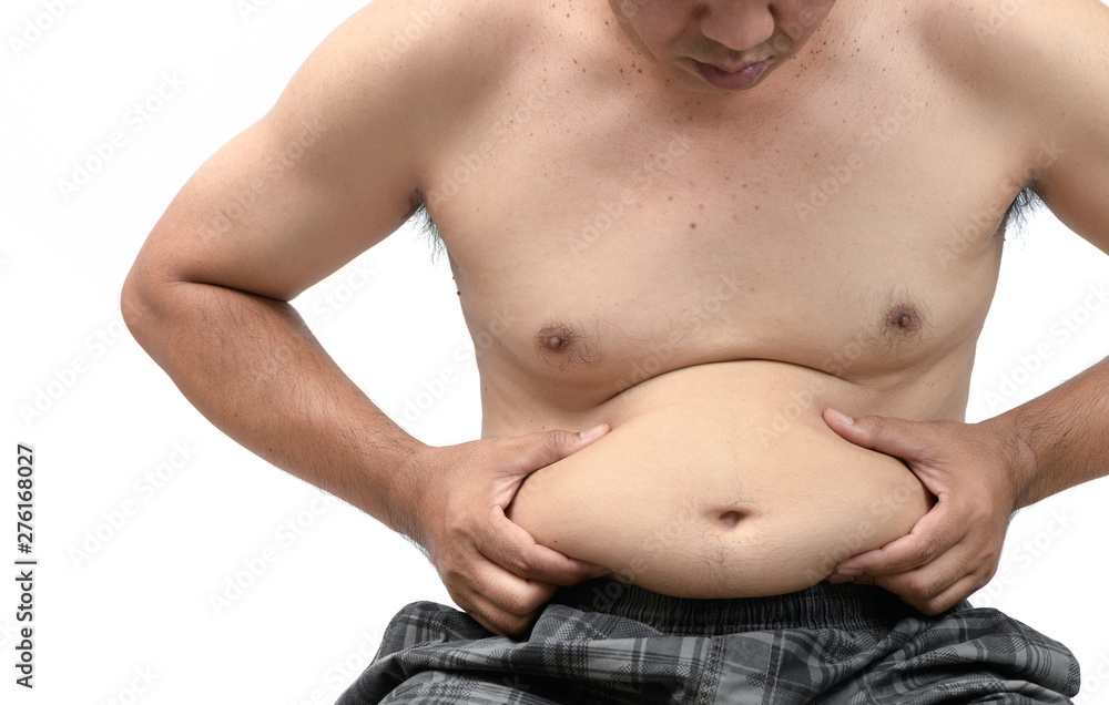Obese man checking out his weight isolated