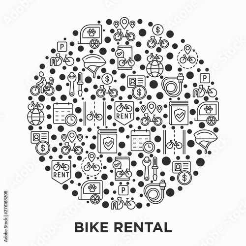 Bike rental concept in circle with thin line icons: rates, bicycle tours, pet trailer, padlock, helmet, child seat, sharing, pointer, deposit, mobile app, cycling route. Modern vector illustration.