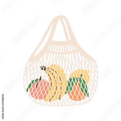 Mesh or net bag full of fruits isolated on white background