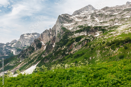 Gray high rocky mountain located. Caucasian reserve  mountain Fisht