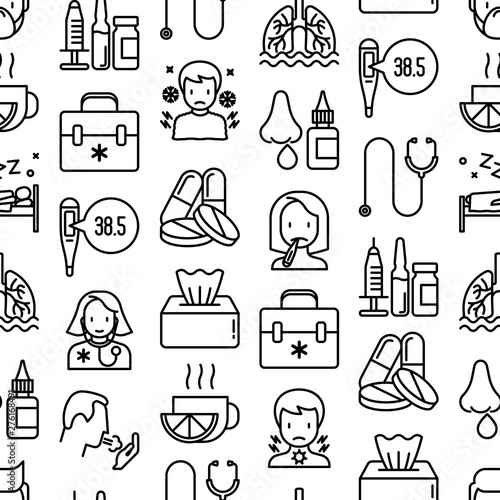 Flu and symptoms seamless pattern with thin line icons: temperature, chills, heat, runny nose, bed rest, pills, doctor with stethoscope, nasal drops, cough, phlegm in the lungs. Vector illustration.
