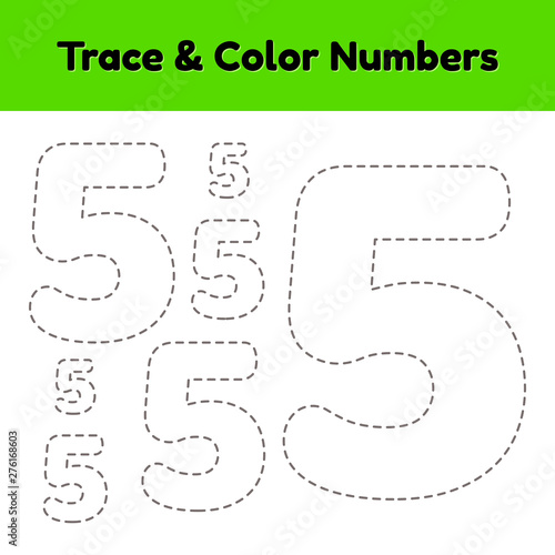 Trace line number for kindergarten and preshool kids. Write and color a five. Vector illustration.