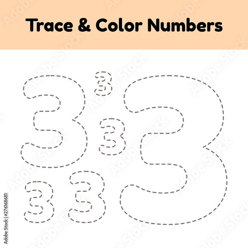 Trace line number for kindergarten and preshool kids. Write and color a three. Vector illustration.