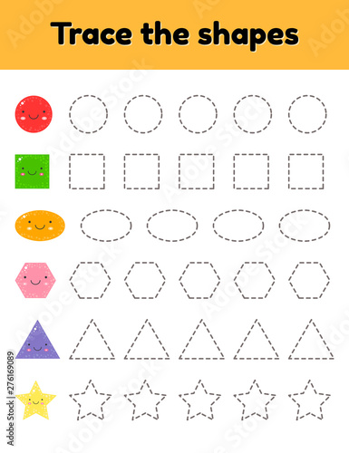 vector illustration. Educational tracing worksheet for kids kindergarten, preschool and school age. Trace the cute geometric shape.  Dashed lines.
